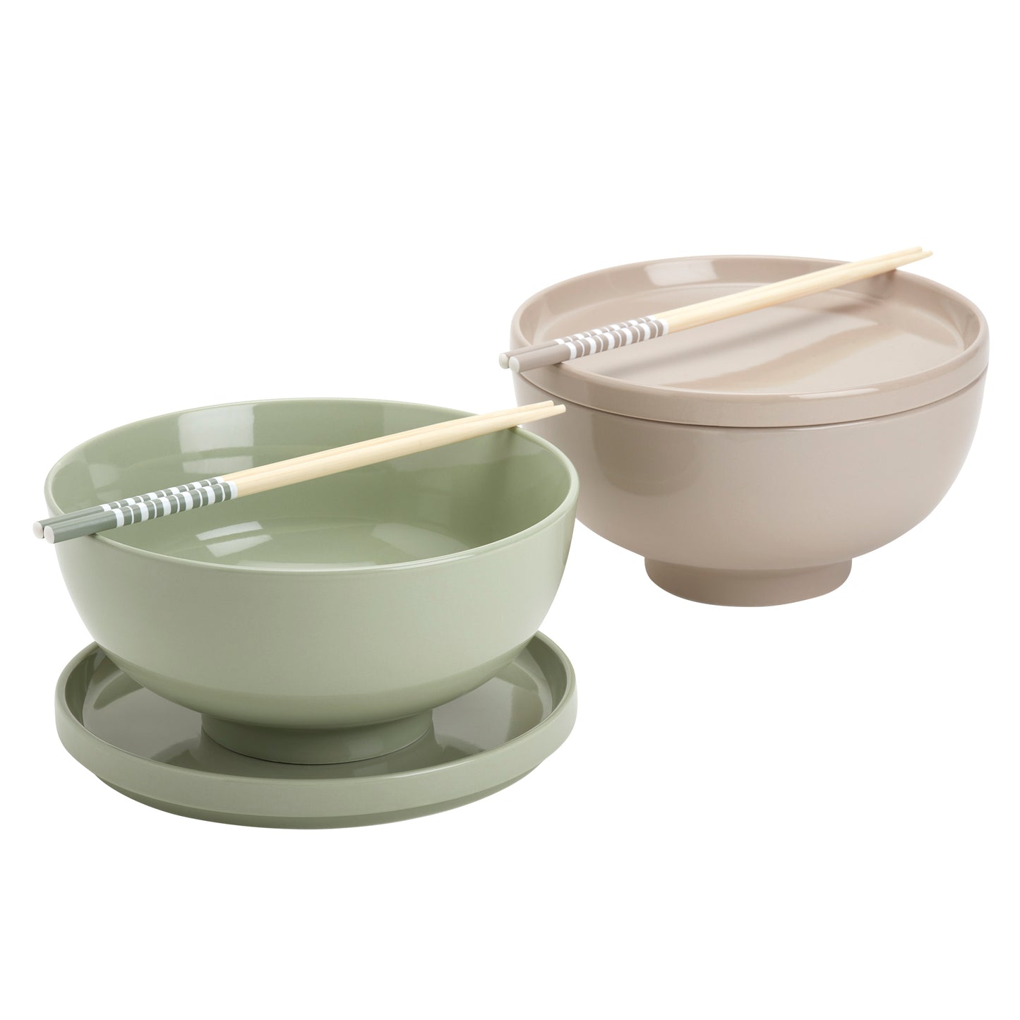 8-Piece Matcha Green & Sand Ramen Bowl Set with Chopsticks & Trivets/Lids