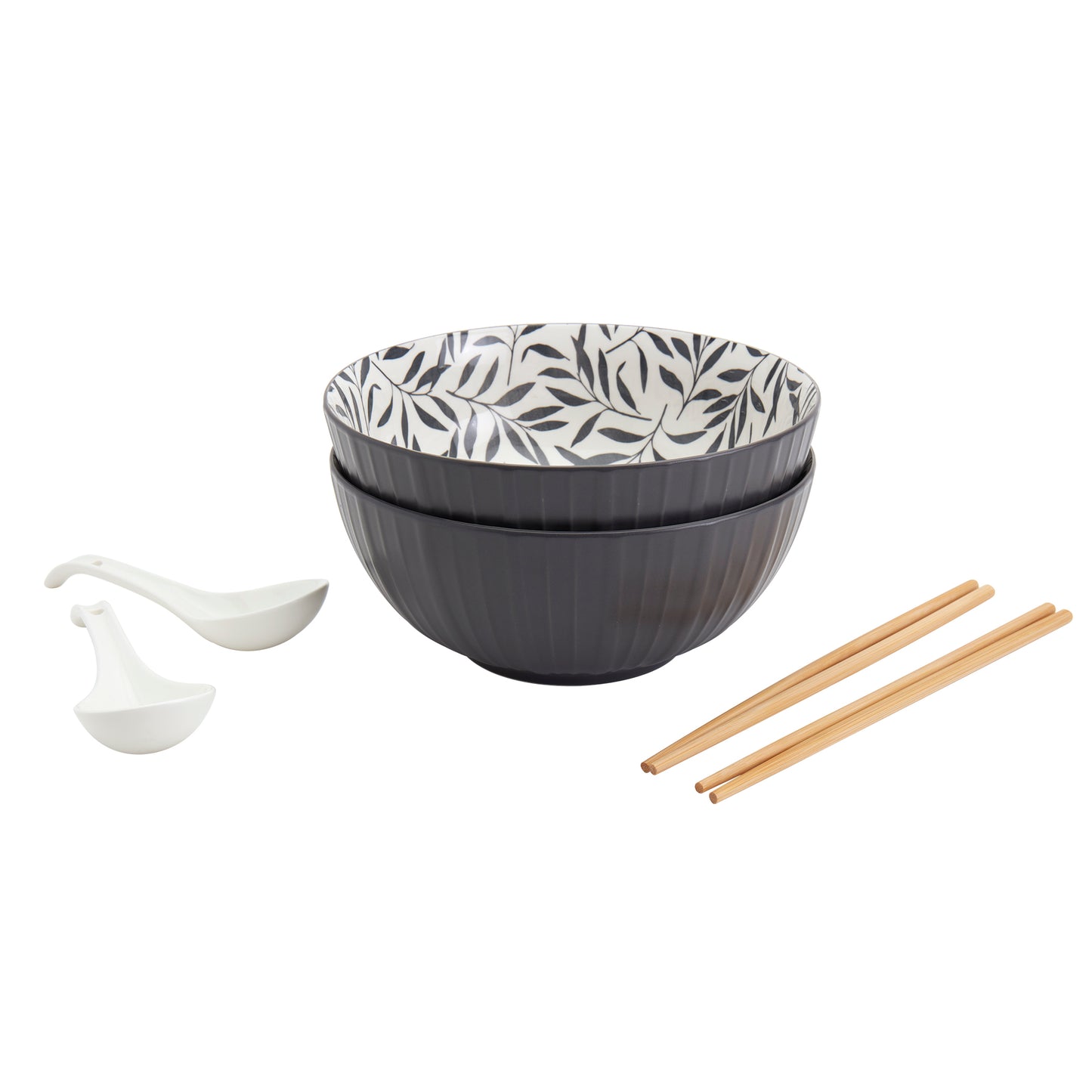 8-Piece Ramen Bowl Set with Chopsticks & Spoons, Gray Leaves