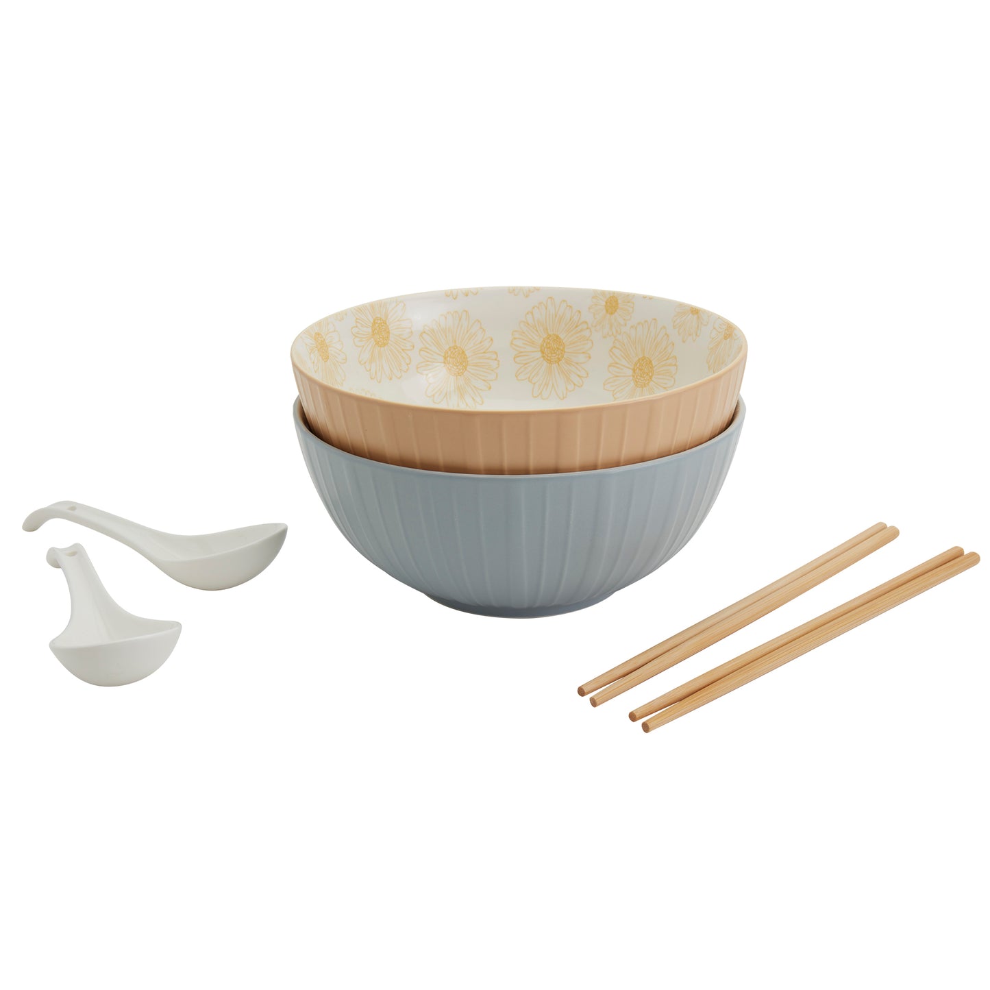 8-Piece Ramen Bowl Set with Chopsticks & Spoons, Blue & Yellow Daisy