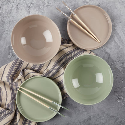 8-Piece Matcha Green & Sand Ramen Bowl Set with Chopsticks & Trivets/Lids
