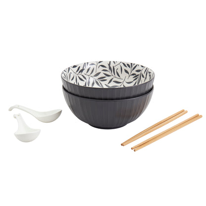 8-Piece Ramen Bowl Set with Chopsticks & Spoons, Gray Leaves