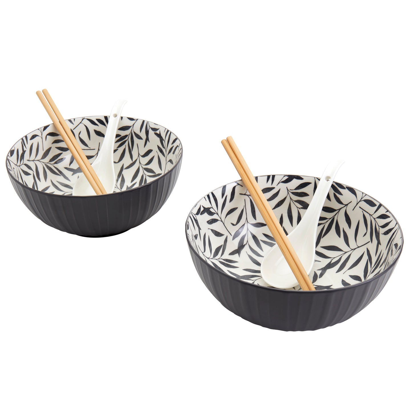 8-Piece Ramen Bowl Set with Chopsticks & Spoons, Gray Leaves