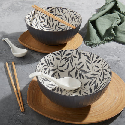 8-Piece Ramen Bowl Set with Chopsticks & Spoons, Gray Leaves