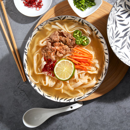 8-Piece Ramen Bowl Set with Chopsticks & Spoons, Gray Leaves