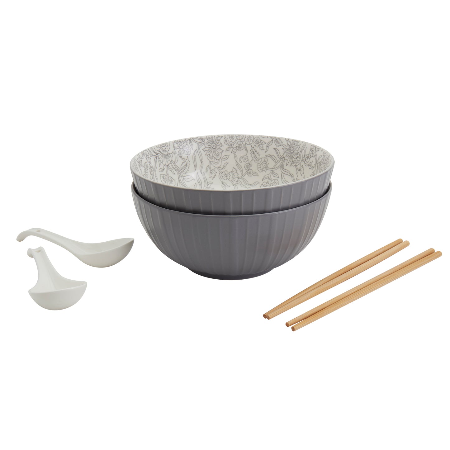 8-Piece Ramen Bowl Set with Chopsticks & Spoons, Dark Gray Floral