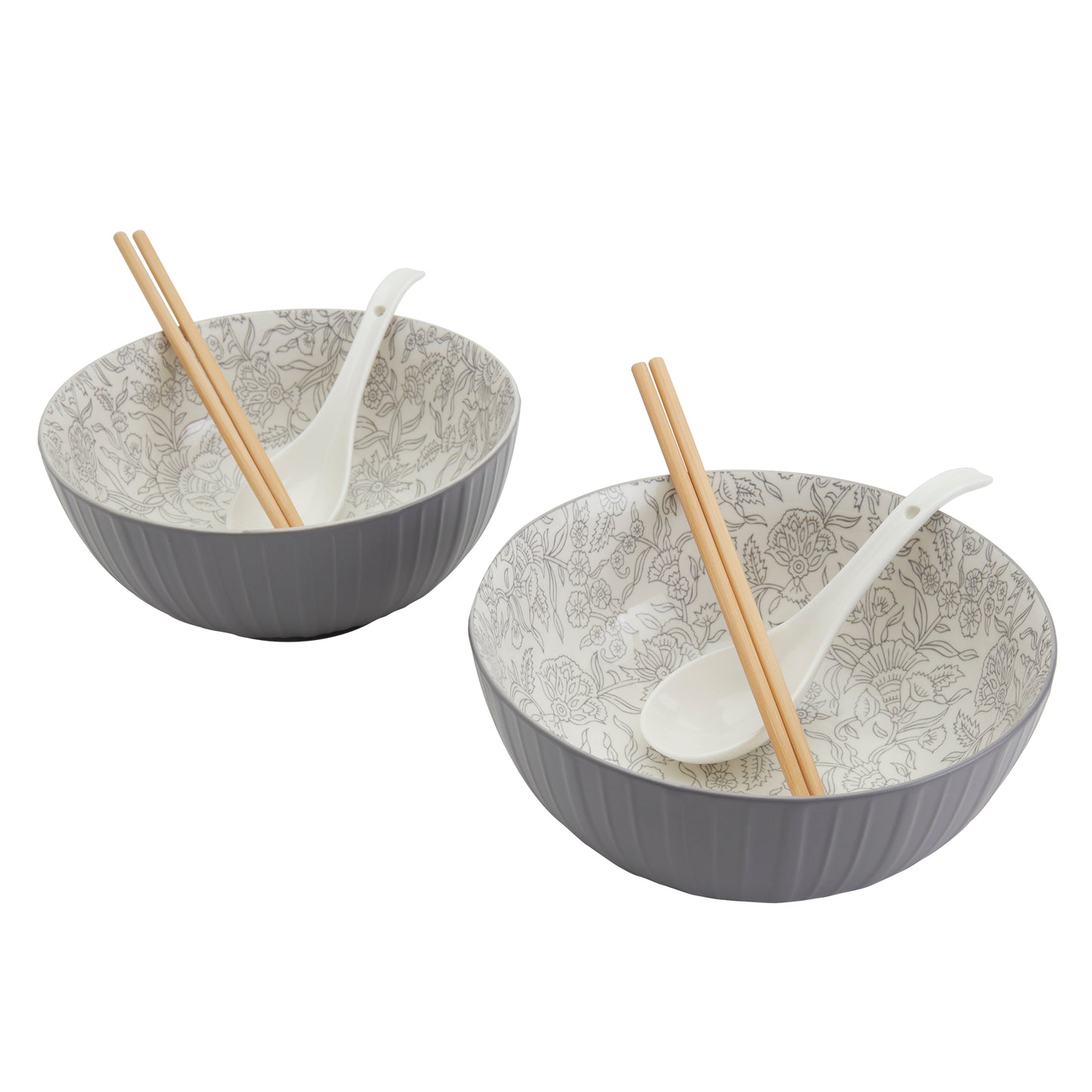 8-Piece Ramen Bowl Set with Chopsticks & Spoons, Dark Gray Floral