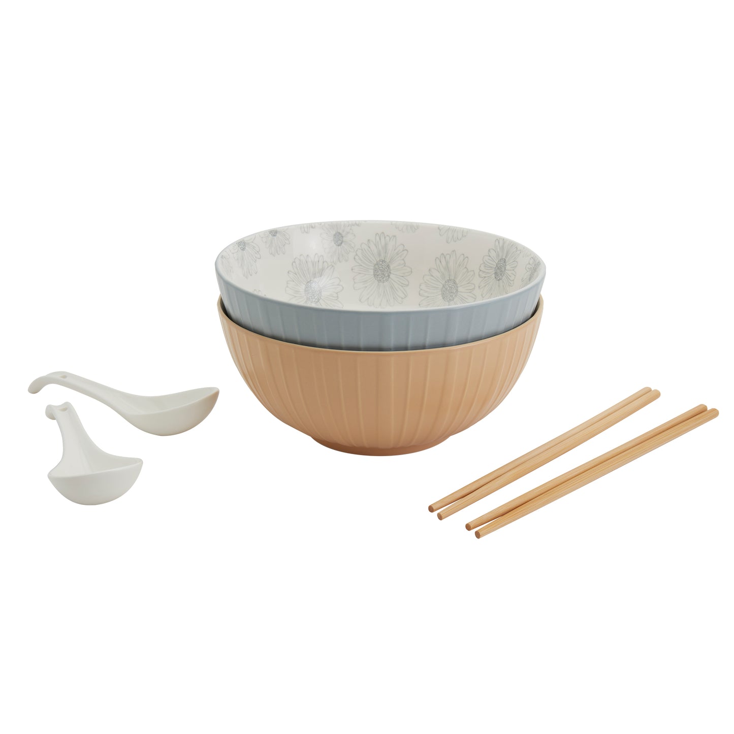 8-Piece Ramen Bowl Set with Chopsticks & Spoons, Blue & Yellow Daisy