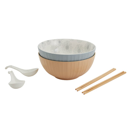 8-Piece Ramen Bowl Set with Chopsticks & Spoons, Blue & Yellow Daisy