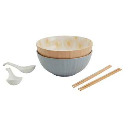 8-Piece Ramen Bowl Set with Chopsticks & Spoons, Blue & Yellow Daisy