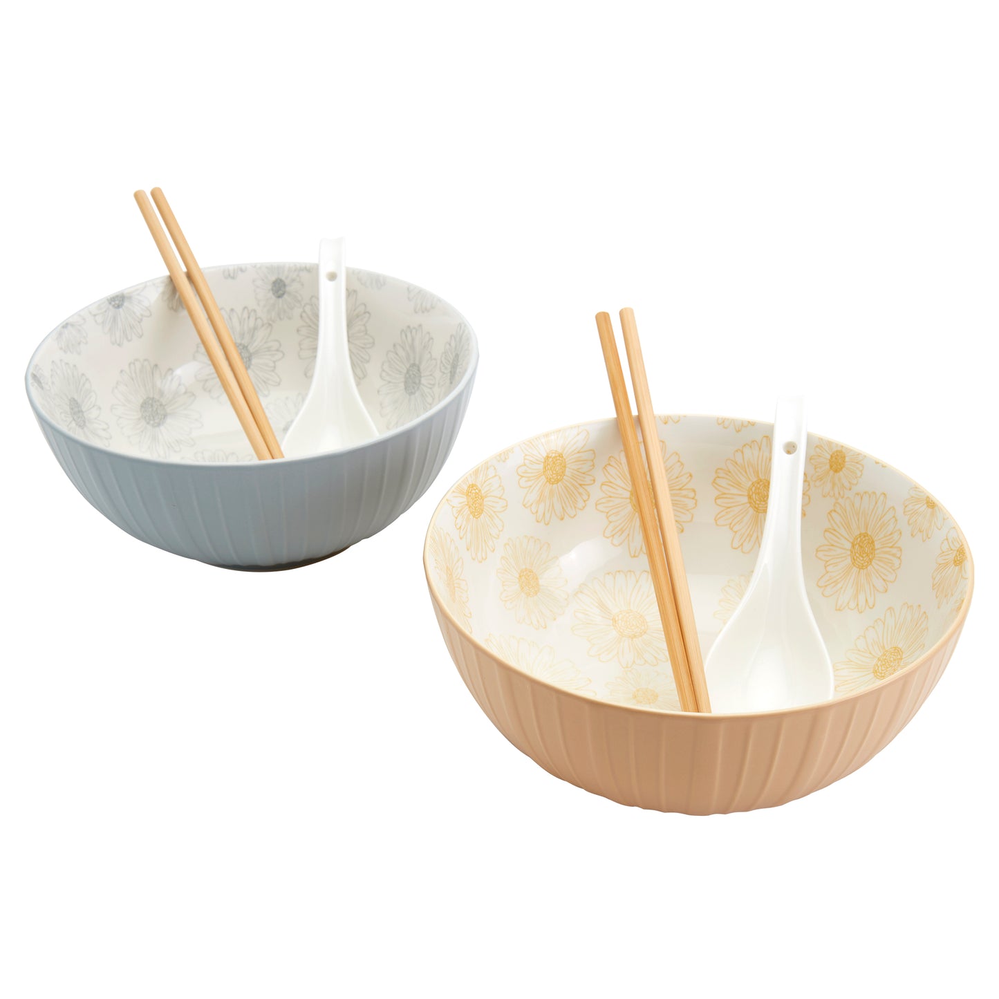 8-Piece Ramen Bowl Set with Chopsticks & Spoons, Blue & Yellow Daisy
