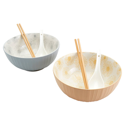 8-Piece Ramen Bowl Set with Chopsticks & Spoons, Blue & Yellow Daisy